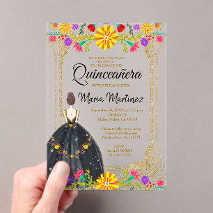 Mexican Flowers with Gold Black Quinceañera Acrylic Invitations