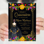 Mexican Flowers with Gold Black Quinceañera Invitation<br><div class="desc">Mexican flowers with Gold Black Quinceañera Invitation
Mis Quince Anos,  15th Birthday, </div>