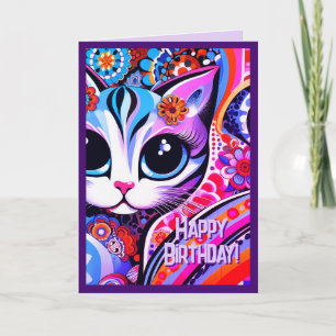 Mexican Folk Art Abstract Kitty Cat Birthday Card