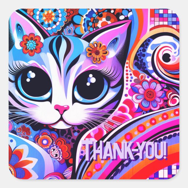 Mexican Folk Art Abstract Kitty Cat Birthday Square Sticker (Front)