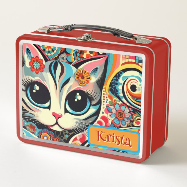 Mexican Folk Art Abstract Kitty Cat Personalised Metal Lunch Box (Front)