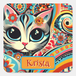 Mexican Folk Art Abstract Kitty Cat Personalized Square Sticker