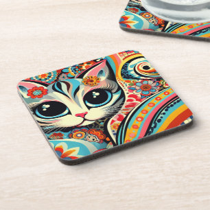 Mexican Folk Art Abstract Kitty Cat Talavera Style Coaster