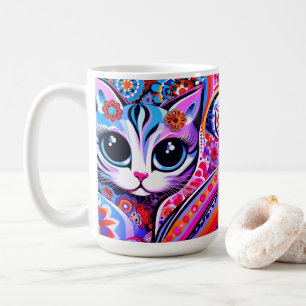 Mexican Folk Art Abstract Kitty Cat Talavera Style Coffee Mug