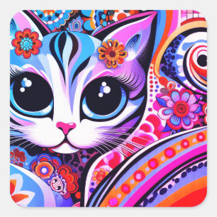 Mexican Folk Art Abstract Kitty Cat Talavera Style Square Sticker