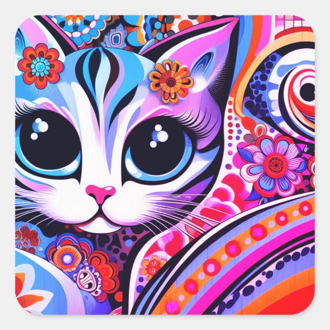 Mexican Folk Art Abstract Kitty Cat Talavera Style Square Sticker (Front)