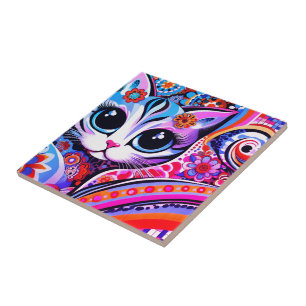 Mexican Folk Art Abstract Kitty Cat Talavera Style Tile