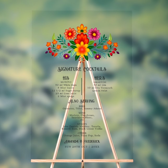 Mexican Folk Art Floral Signature Cocktails Menu Acrylic Sign (Neutral)