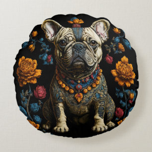 Mexican Folk Art French Bulldog Round Cushion