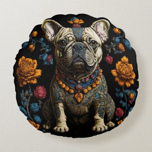 Mexican Folk Art French Bulldog Round Cushion (Front)
