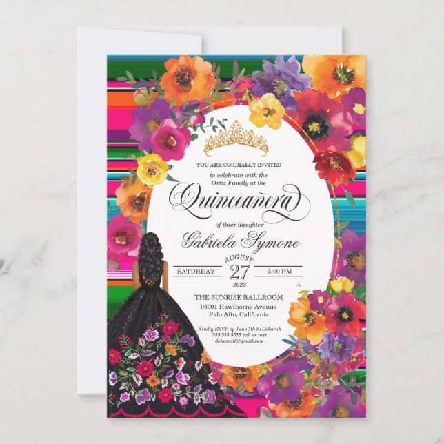 Mexican Folk-Art Huipil Floral Quinceanera Fiesta Invitation (Front)