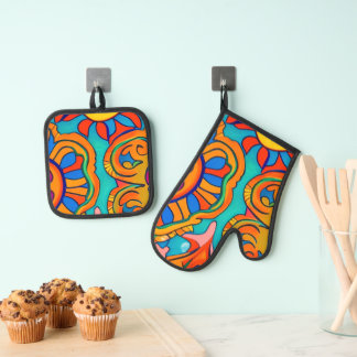 Mexican Folk Art Inspired  Oven Mitt & Pot Holder Set
