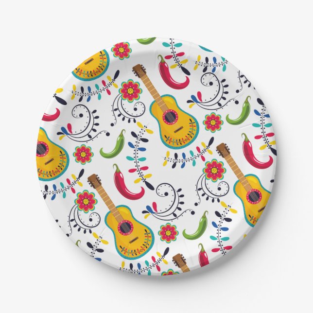 Mexican Folk Art Pattern Guitars Paper Plate (Front)