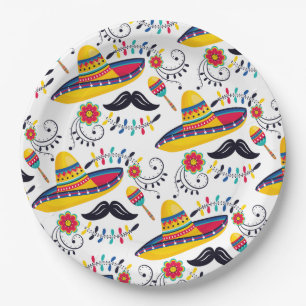 Mexican Folk Art Pattern Sombreros, Moustaches Paper Plate