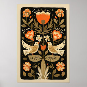 Mexican Folk Art Print Tree of Life Birds, Dark