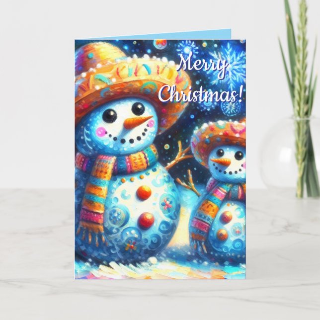 Mexican Folk Art Snowmen Snowman Personalised Card (Front)