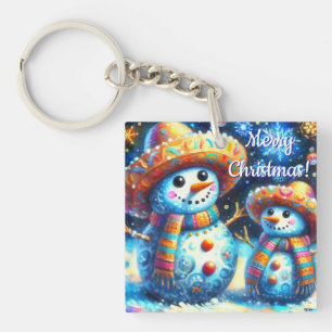 Mexican Folk Art Snowmen Snowman Personalised Key Ring