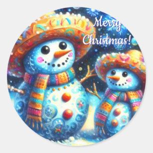 Mexican Folk Art Snowmen Snowman Snow People Classic Round Sticker