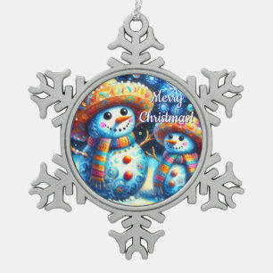 Mexican Folk Art Snowmen Snowman Snow People Snowflake Pewter Christmas Ornament