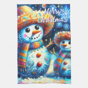 Mexican Folk Art Snowmen Snowman Snow People Tea Towel