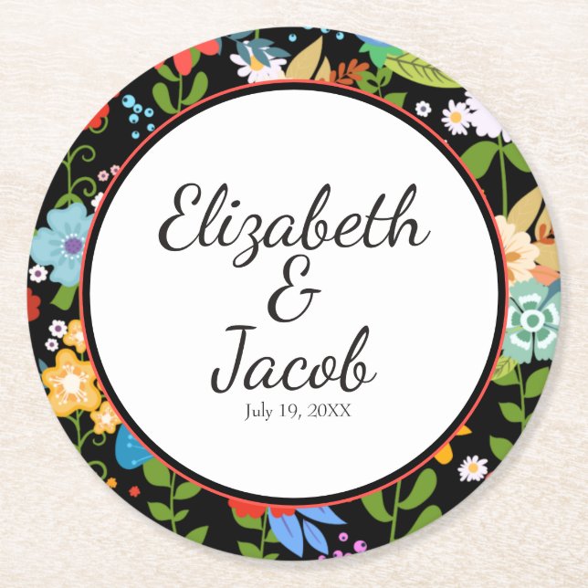 Mexican Folk Art Wedding Round Paper Coaster (Front)