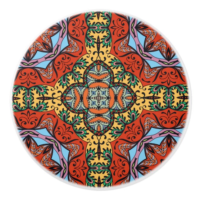 Mexican folk ethnic colourful seamless pattern  ceramic knob (Front)