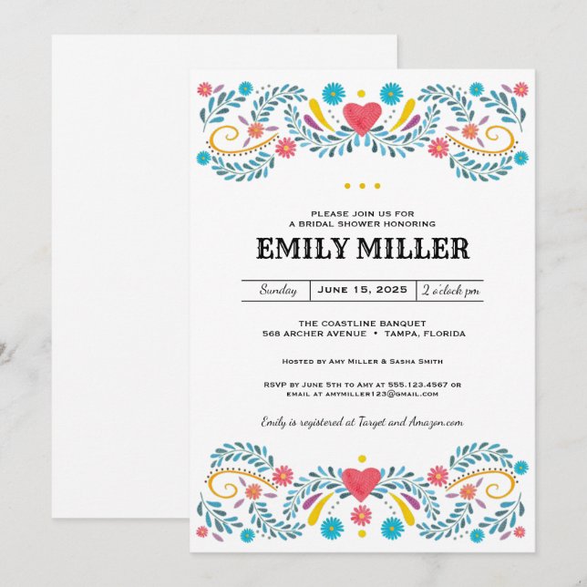 Mexican Folk Floral Embroidery Bridal Shower Invitation (Front/Back)
