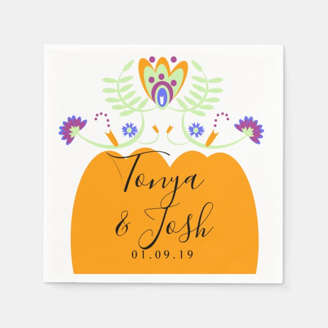 Mexican Folk Flowers Wedding | Halloween Pumpkin Napkin (Front)
