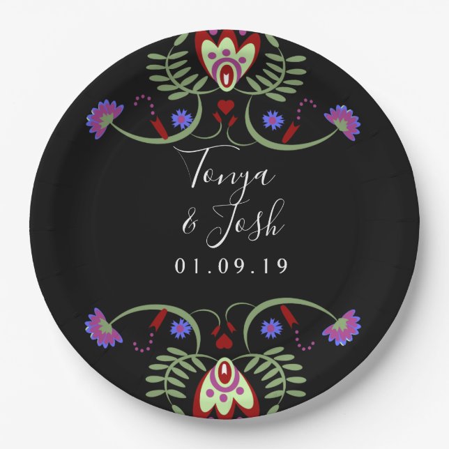 Mexican Folk Flowers Wedding | Mini Heart Paper Plate (Front)