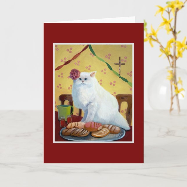 Mexican Folk Inspired White Cat Card (Yellow Flower)