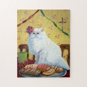 Mexican Folk Inspired White Cat Jigsaw Puzzle