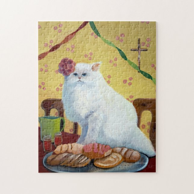 Mexican Folk Inspired White Cat Jigsaw Puzzle (Vertical)