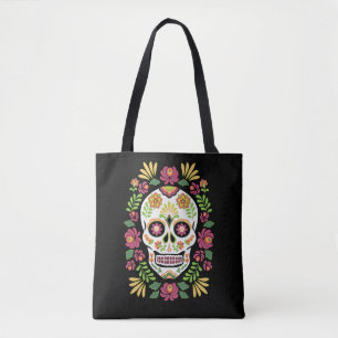 Mexican Folk Sugar Skull and Roses Tote Bag