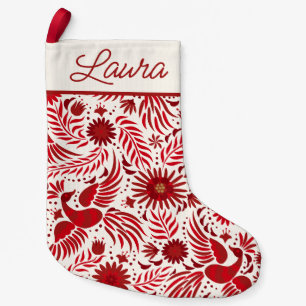 Mexican Folklore Pattern Script Name Red and White Small Christmas Stocking
