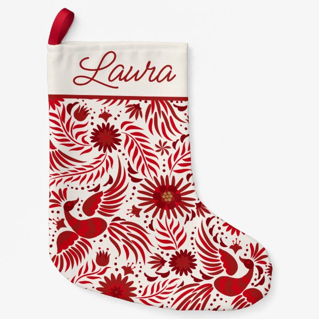 Mexican Folklore Pattern Script Name Red and White Small Christmas Stocking (Front)