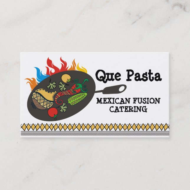 Mexican food cuisine flaming skillet catering business card (Front)