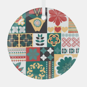 Mexican Geometric: Red Green Ornament. Glass Tree Decoration