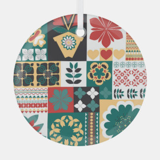 Mexican Geometric: Red Green Ornament. Glass Tree Decoration
