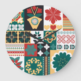 Mexican Geometric: Red Green Ornament. Large Clock