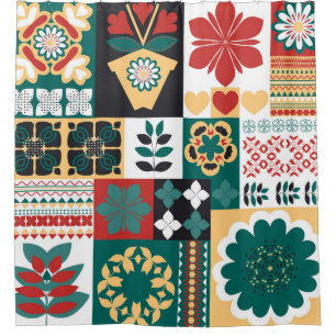 Mexican Geometric: Red Green Ornament. Shower Curtain