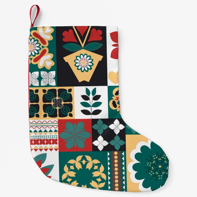 Mexican Geometric: Red Green Ornament. Small Christmas Stocking (Front)