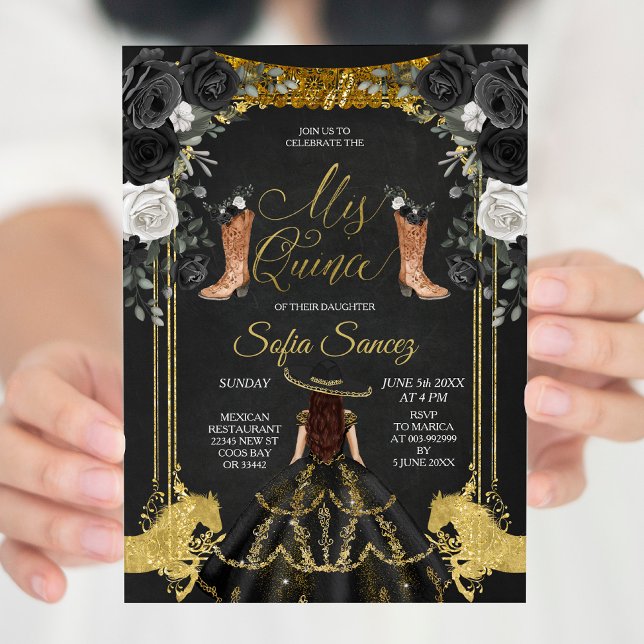Mexican Girl Charra Mis Quince Black Invitation (Creator Uploaded)