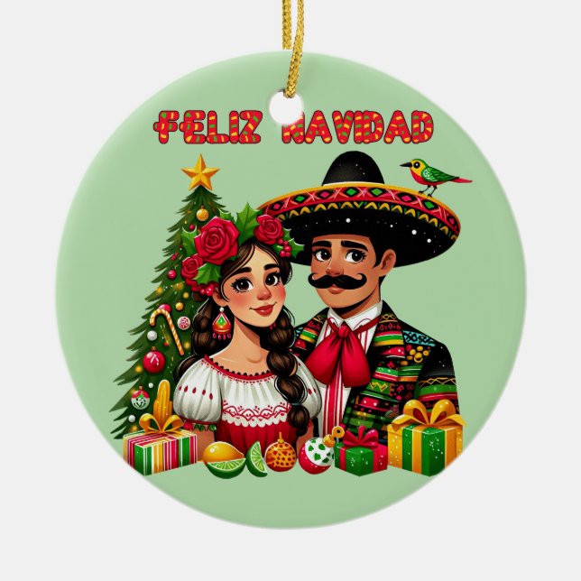 Mexican girl man christmas tree Feliz Navidad art Ceramic Tree Decoration (Front)