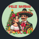 Mexican girl man christmas tree Feliz Navidad art Classic Round Sticker<br><div class="desc">Mexican Lady and Mexican man with christmas tree and presents and text Feliz Navidad art colour illustration Classic Round Stickers sheet</div>