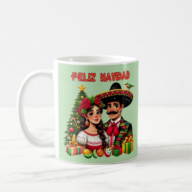 Mexican girl man christmas tree Feliz Navidad art Coffee Mug (Left)