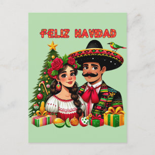 Mexican girl man christmas tree Feliz Navidad art Postcard