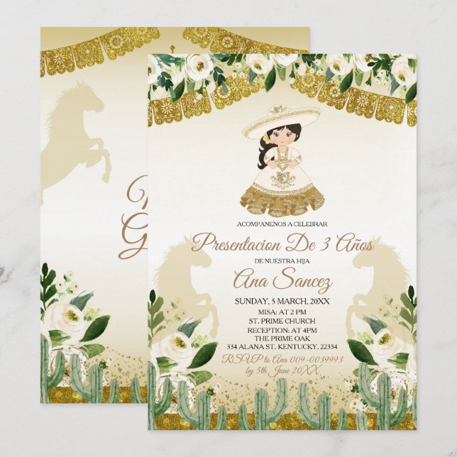 Mexican Girl Third Birthday White Floral Invitation (Front/Back)