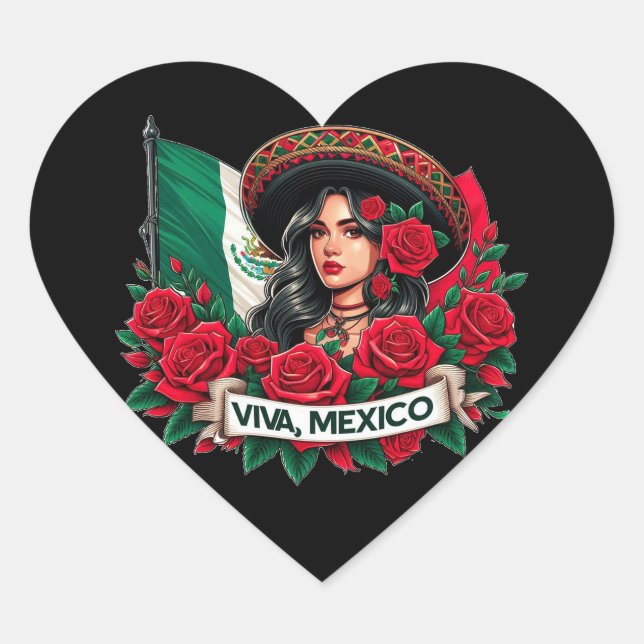 Mexican Girl Viva mexico Flag art illustration Heart Sticker (Front)