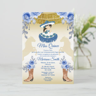 Mexican Gold Blue Roses Flowers Quinceanera Invitation