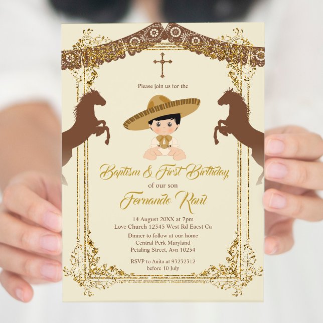 Mexican Gold  Brown Fiesta Boy Baptism Christening Invitation (Creator Uploaded)